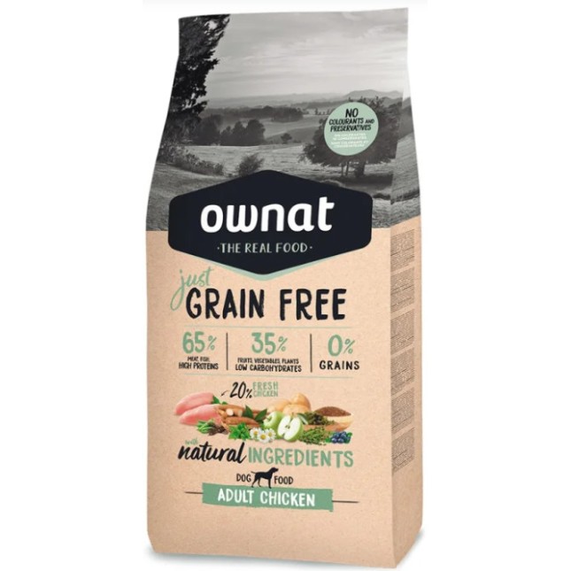 Ownat grain free τροφή just adult dog με κοτόπουλο 14kg.