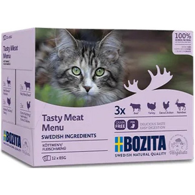 Bozita pouch multibox πλήρης τροφή γάτας μενού κρεάτων σε σάλτσα χωρίς σιτηρά 12x85gr