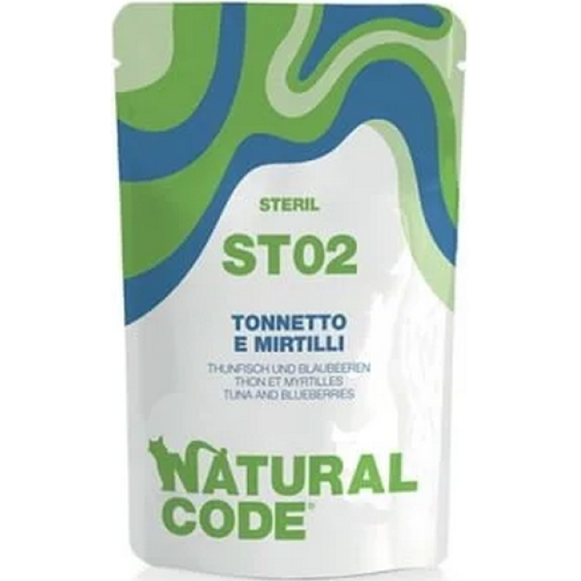 Natural Code Πατέ τροφή για ενήλικες γάτες Sterilized σε φακελάκι με Τόνο & Μύρτιλλα  70gr